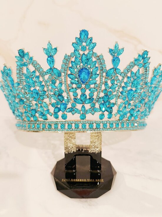 Silver Tiara Crown, ocean blue crystal crown, Royal Queen Tiara, pageant crown